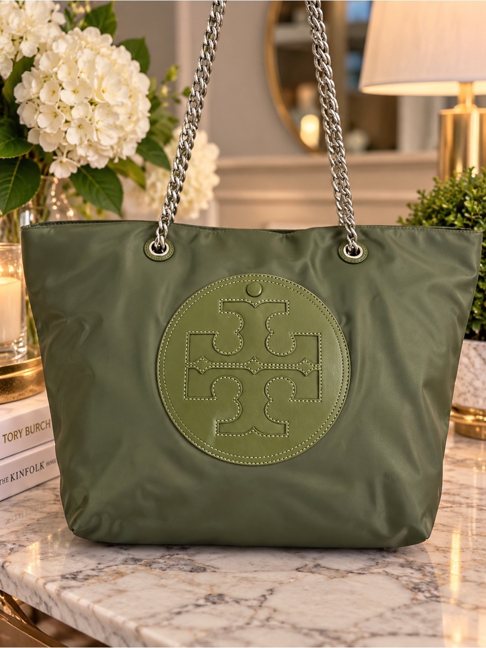 Tory Burch Ella Chain Tote Olive Green large size Retail $298.00
